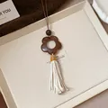 Bohemian flower pendant necklace with handmade white tassel and natural wooden bead - Necklace #33 - Brown - White