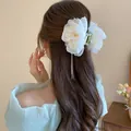 Elegant white fabric flower hair claw clip with sparkling crystal tassels for women. - White Flower Yellow Center Claw (With Rhinestone Tassels)
