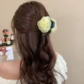 Elegant yellow fabric rose flower hair claw clip for women's daily back-head hairstyles - Yellow Mesh Flower Hair Claw