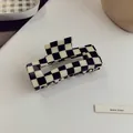 Elegant black and white checkerboard hair claw clip featuring delicate pearl accents - 38# Claw Clip - Black