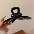 Elegant black French style hair claw clip with bow and rhinestone chain detailing. - Black Claw (Style 55)