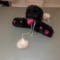 Elegant black plush hair claw clip with pink heart rhinestones and soft fur pom-pom - 42# Gripper - Black