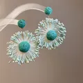 Close-up of Mori style handmade fabric flower earrings in teal and white for summer vacations - Cyan Rose Flower Style (16#) / Green