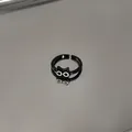 Close-up of a cute black cartoon cat adjustable open ring on a reflective surface. - Funny Cat Style / Black (Cat)