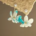 Elegant acrylic flower drop earrings with white pearl studs in a blue marble finish - Silver Post Style (31#) / Blue