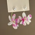 Elegant pink marbled acrylic flower earrings featuring pearl studs and golden hoops SKU - Silver Post Style (32#) / Pink