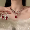 Close-up of elegant red water drop rhinestone necklace and earrings in palace style - 4# Necklace and Earrings / Gold And Red
