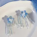 Elegant blue floral stud earrings featuring white beaded tassels and silver needles for summer - Silver Post Style (34#) / White-Blue