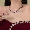 Close-up of vintage style waterdrop red rhinestone necklace and earrings on model - 9# Necklace and Earrings / Silver, Red