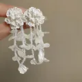 Elegant white chiffon flower tassel earrings with rice beads and silver needle studs - Silver Post Style (48#) / White Shell