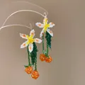 Handmade colorful beaded flower tassel earrings with orange berry charms for women - Style 52# (Earring Hook) / White-Green-Orange