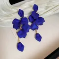 Elegant deep blue flower petal drop earrings with matte finish for summer vacation style - Silver Post Style (58#) - Basic / Blue