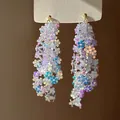 Iridescent sequin flower tassel earrings with dreamlike colorful petal clusters, chic - Silver Needle Style (72#) / Blue-White