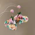 Handmade floral fabric earrings with pink roses and small bead details for summer style - Earring Post Style (79#) / Pink