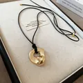 Adjustable minimalist gold geometric round pendant on black wax cord necklace for women - Gold Mirror Circle Style (8#) / Adjustable / Gold
