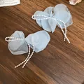 Sweet Mori style light blue fabric flower earrings with elegant pearl tassel details - Silver Earring Post Style (84#) / Blue