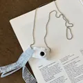 Vintage miniature white camera pendant necklace with light blue lace ribbon detail - 15# Necklace-White