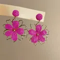 Sweet fuchsia fabric flower earrings with gold metal frame for summer beach vacation style - Silver Post Style (92#) / Gold-Rose Red