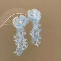 Sweet light blue fabric flower earrings with long floral tassels for summer beach vacation - Blue Bead Tassel Flower (78#)