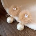 Elegant light brown fur ball and ivory pearl drop earrings with sparkling cubic zirconia - Real Gold Plated Silver Pin Style / Brown