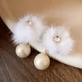 Elegant white mink fur ball and pearl drop earrings with zircon center gold finish - Real Gold Plated Silver Pin Style / White