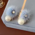 Elegant blue fur ball and white pearl stud earrings with sparkling zircon accent - Real Gold Plated Silver Pin Style / Blue