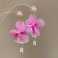 Elegant pink fabric flower earrings with baroque pearls for a sweet summer beach look. - Silver Post Style (111#) / Purple