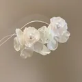 Elegant cream fabric flower earrings with center pearl on silver needles for women - 925 Sterling Silver Earring Post Style (123#) / White
