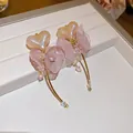 Elegant peach heart earrings with pink fabric bows and gold-tone curved needles. - 925 Sterling Silver Earring Post Style (124#) / Gold-Pink