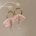 Sweet pink cloth flower hoop earrings with beaded tassels for summer beach vacation - Silver Earring Post Style (127#) / Gold-Pink