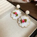 Elegant handmade fabric flower stud earrings with pink roses for summer beach style - Silver Earring Post Style (132#) / White