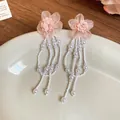 Elegant pink fabric flower earrings with white pearl tassels and S925 silver needles - Pink Chiffon Flower (82#)