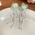 Light green fabric flower earrings with white pearl bead tassels and silver needles - Green Chiffon Flower (83#)