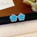 Light luxury blue flower shaped stud earrings with sparkling pave-set zircons for women - 61# Silver Needle - Silver - Blue