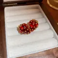 Elegant Ankara red strawberry stud earrings with silver needles presented in a wooden box - 20# Silver Needle - Standard - Red