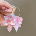 Sweet pink marbled resin flower petal hoop earrings for summer beach vacation jewelry - Silver Earring Post Hoop Style (143#) / Pink