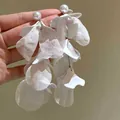 Elegant white fabric flower petal earrings with pearl stud and silver needle for women - Silver Earring Post Long Style (147#) / White