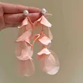 Elegant pink fabric flower petal dangle earrings with pearl studs - Silver Earring Post Multi-layer Style (148#) / Pink