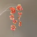 Elegant coral orange fabric flower dangle earrings with long sparkly rhinestone chains - Ear Clip Style (153#) / Gold-Orange