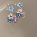 Sweet forest style fabric flower earrings with elegant long shimmering chain tassels - Silver Earring Post Style (154#) / Gold-Blue