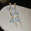 Elegant silver pin dangling earrings with blue chiffon flowers and long gold tassels - Silver Earring Post Style (157#) / Gold-Blue