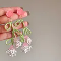 Handmade pink acrylic rose and green seed bead long tassel earrings with white flower drops. - Silver Post Style (162#) / Pink-Green