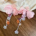 Sweet forest style pink fabric flower earrings with colorful beads and silver needles for women - Silver Post Style (164#) / Pink