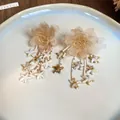 Sweet peach fabric flower earrings with beaded starfish tassels for summer vacation - Silver Post Style (165#) / Coffee