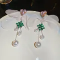 Elegant fabric flower drop earrings featuring a pink heart crystal and white pearls - Silver Post Style (171#) / Pink-Green