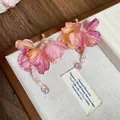 Elegant pink fabric flower drop earrings with pink beads and iridescent crystal - Silver Earring Post Style (182#) / Purple