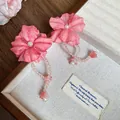 Elegant pink fabric flower earrings with beaded tassels and pearls in a vintage jewelry box - Silver Earring Post Style (183#) / Pink