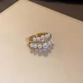 Elegant gold-tone open ring with multi-layer white pearls and sparkling zircons for women - Multi-layer Vintage Pearl Style (WR271) / Gold
