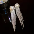 Elegant long tassel drop earrings with large white pearls and silver fringe design - Classic Tassel Pearl Style (Silver Post)