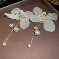 Elegant forest style fabric flower earrings with pearls and sparkling rhinestones - Silver Earring Post Style (184#) / Gold